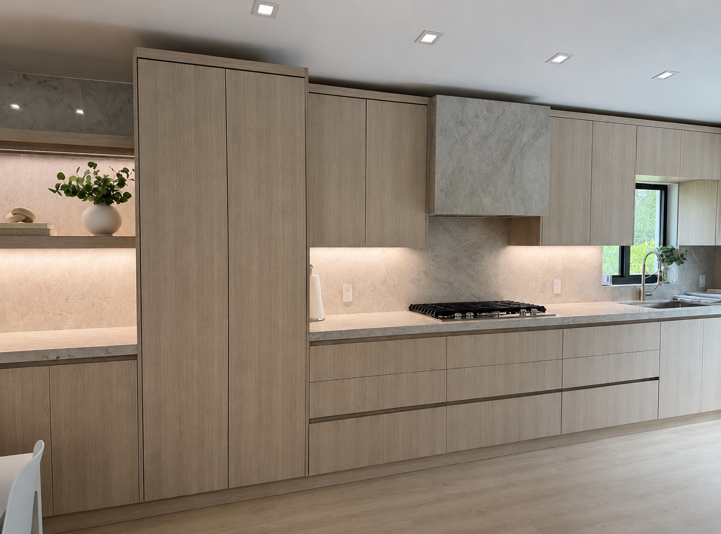 Light wood custom kitchen with seamless cabinetry and stone surfaces