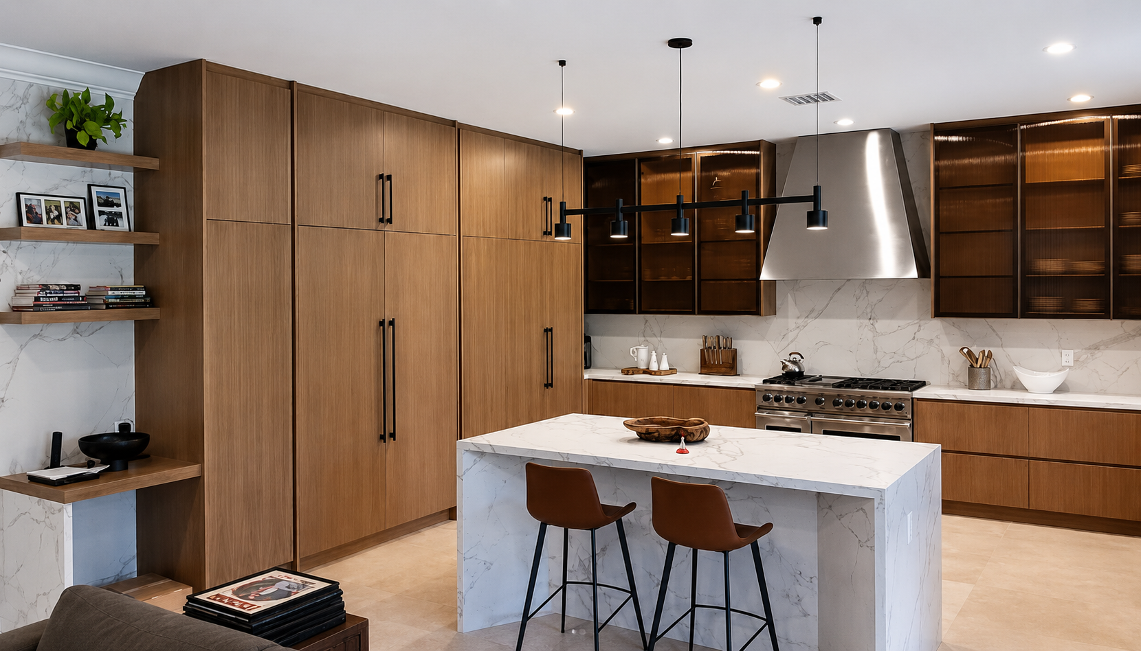 Luxury wood kitchen with marble island and custom Florida Kitchen Center cabinetry